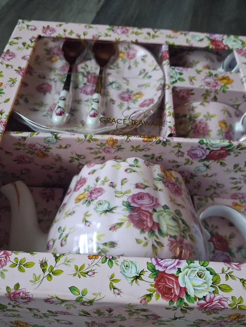 Floral Porcelain Tea Set with Gold Spoons - Pink Rose Pattern